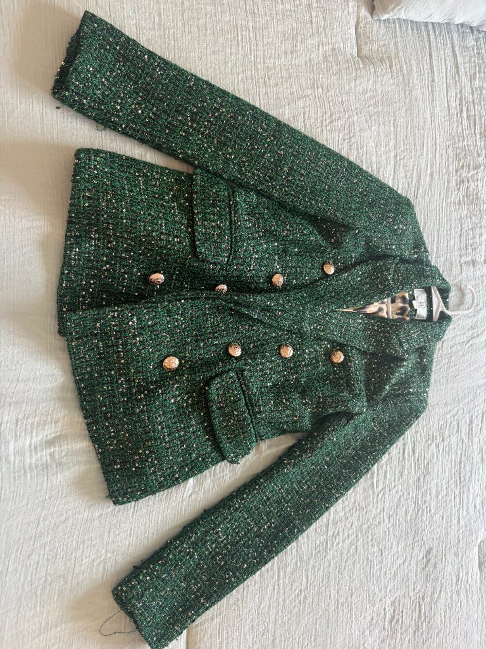 Green tweed blazer with gold buttons, beautiful in person, every time I wear it